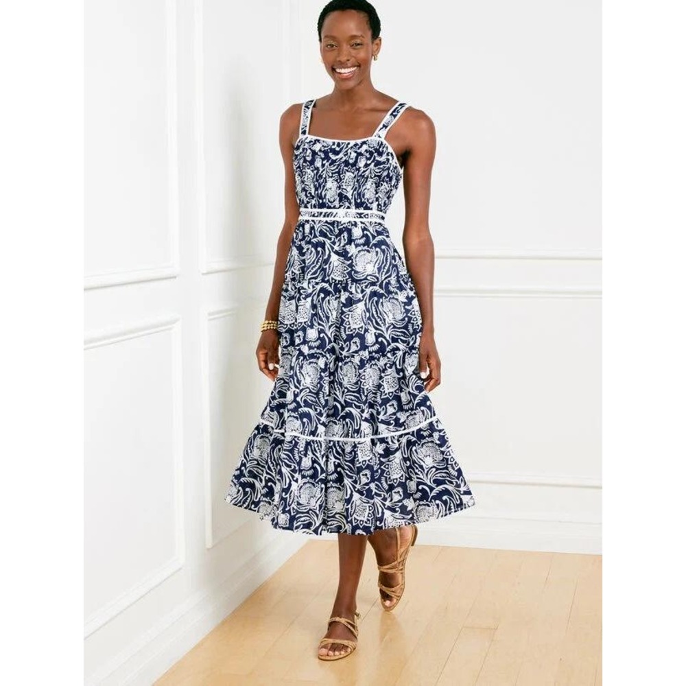 Talbots Tiered Fit & Flare Dress Distressed Jacobean Dress 22W Navy Floral NWT